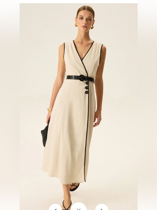 Zara Dresses & Skirts - Zara Cream Midi Dress with Black Trim and Belted Detail